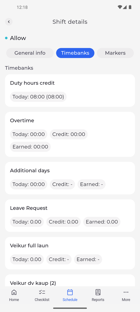 Zrzut ekranu: Zakładka Timebanks pokazuje, co zmiana dodaje do banków czasu pracownika